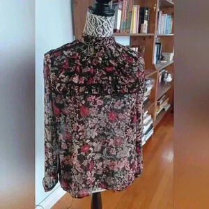 Zara Basic Collection Women's Medium Sheer Ruffle Front  Flowered Print Blouse